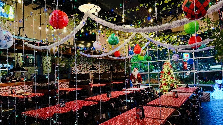 elaborate holiday decorations at Palmera, a Seattle restaurant