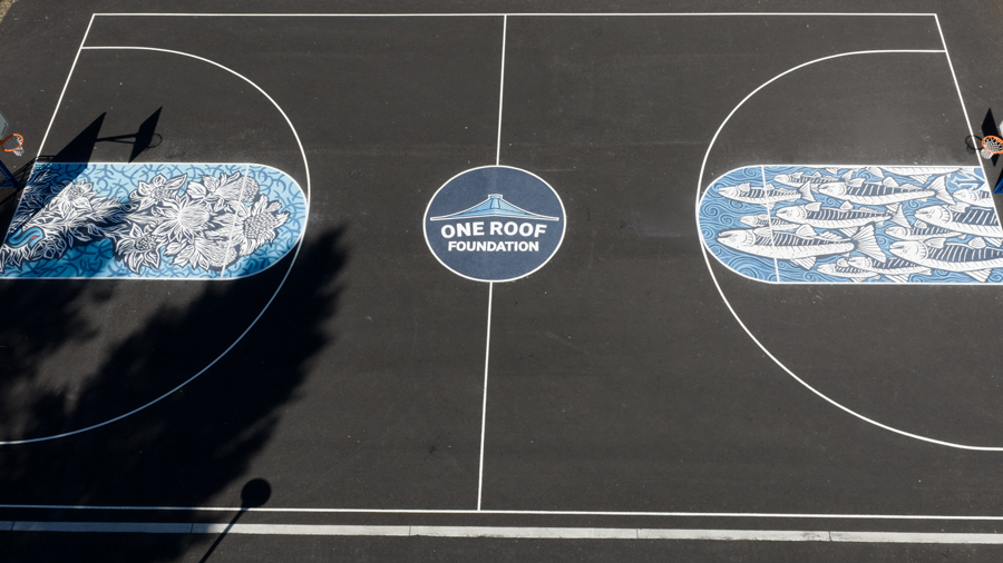 aerial view of the sport court at South Park Community Center with a mural 