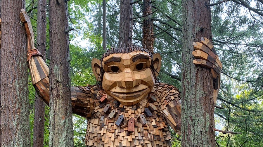 close-up view of Jakob Two Trees, a Thomas Dambo troll in Issaquah
