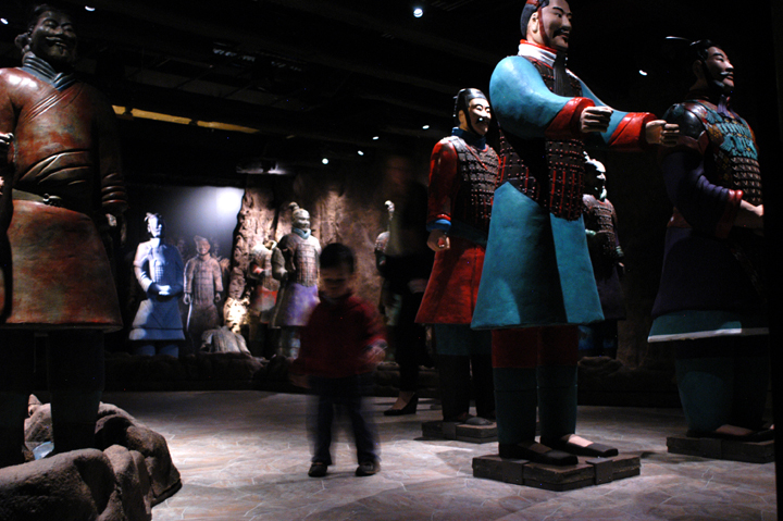 Inside the immersive experience with painted replicas at the Pacific Science Center’s “Terracotta Warriors” exhibit. Photo credit: JiaYing Grygiel