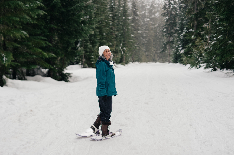 woman snowshoeing in winter