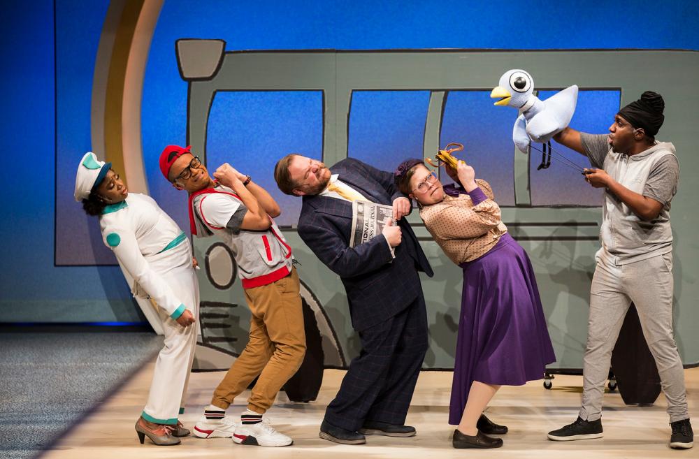 Actors performing in a scene from Seattle Children's Theatre's production of "Don't Let the Pigeon Drive the Bus! The Musical"
