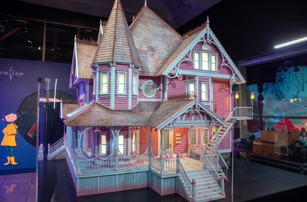 The pink palace set piece from the movie Coraline by LAIKA Studios part of a special exhibit on the stop-motion animation studio at Seattle's Museum of Pop Culture, commonly called MoPOP