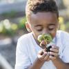 Boy holding plant in backyard garden at-home environmental learning projects kids