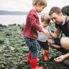 Dad and two little kids looking at rocky beach and tide pool finds at a Seattle beach