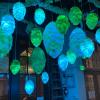 Beautiful blue and green lanterns in the shape of hops, part of the Tacoma Light Trail January 2022