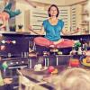 Mother meditating in her kitchen as her three children fly around the room
