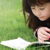 Young girl lying in the grass reading a book 