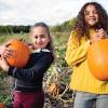 Two young girls holding large pumpkins in a pumpkin patch 