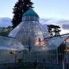Exterior of the W.W. Seymour Botanical Conservatory in Tacoma's Wright Park seen at night with lights inside