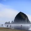 In Cannon Beach, Oregon, looking across the wide beach to iconic Haystack Rock. People and dogs run and walk on the beach and along the edge of the ocean with their toes in the water
