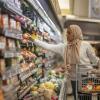 Mom and daughter shopping together at a grocery store learning how to save money on food 