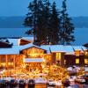 Alderbrook Resort with snow and holiday lights