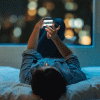 a widow on a dating app looks at her phone at night on a bed