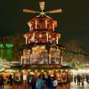 the Christmas pyramid at Seattle Christmas Market, illuminated at night