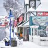 winter scene in Downtown Poulsbo with snow-covered stores