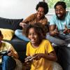 family playing video games together