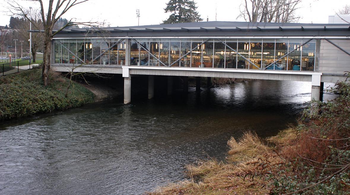 The Cedar River runs under the Renton Library, among destination libraries for families.