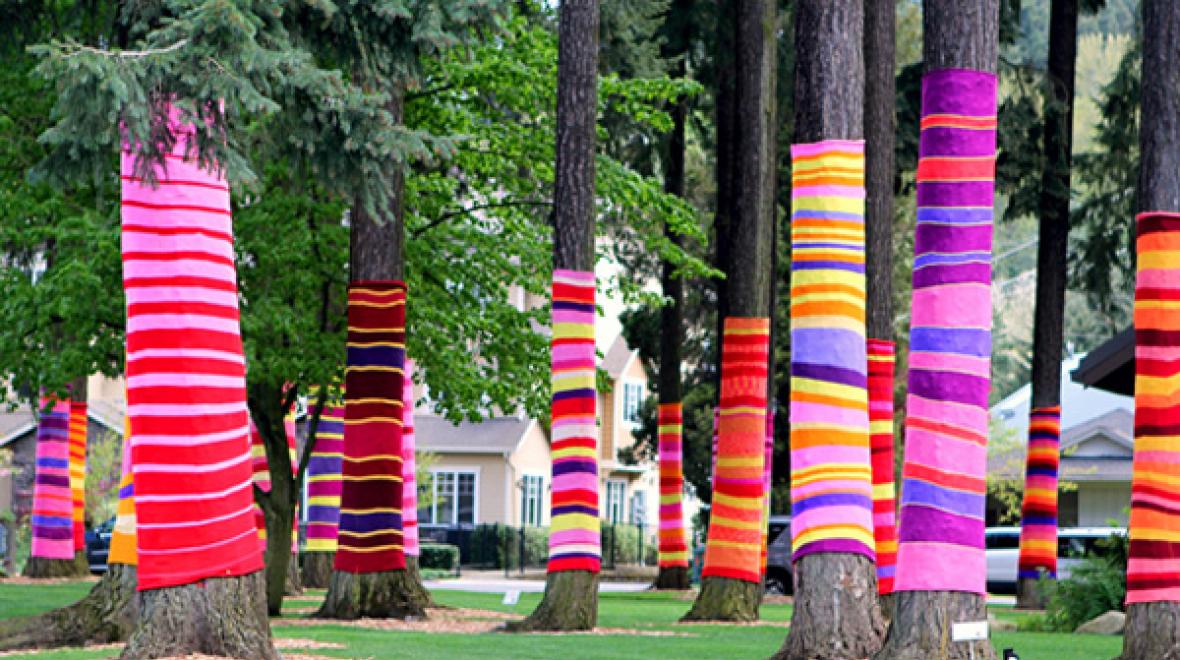 Yarn-bombed trees