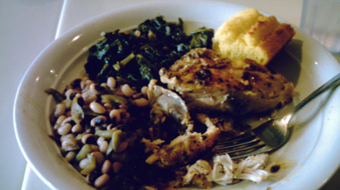 Black-eyed peas, greens and cornbread
