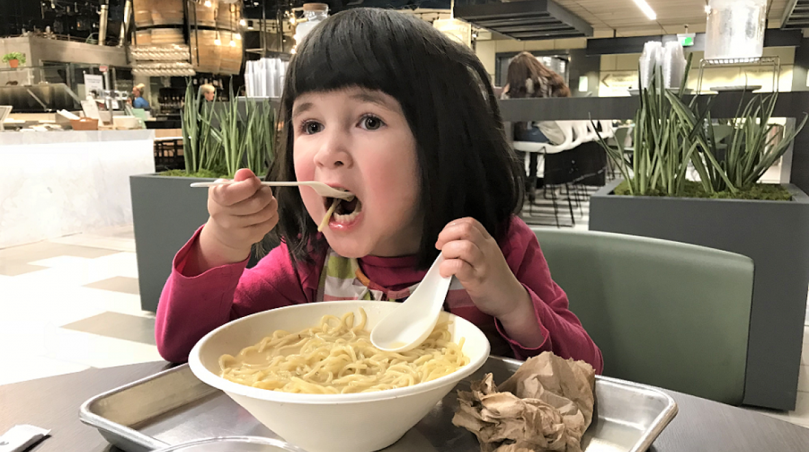 Eating noodles at Lincoln South Food Hall