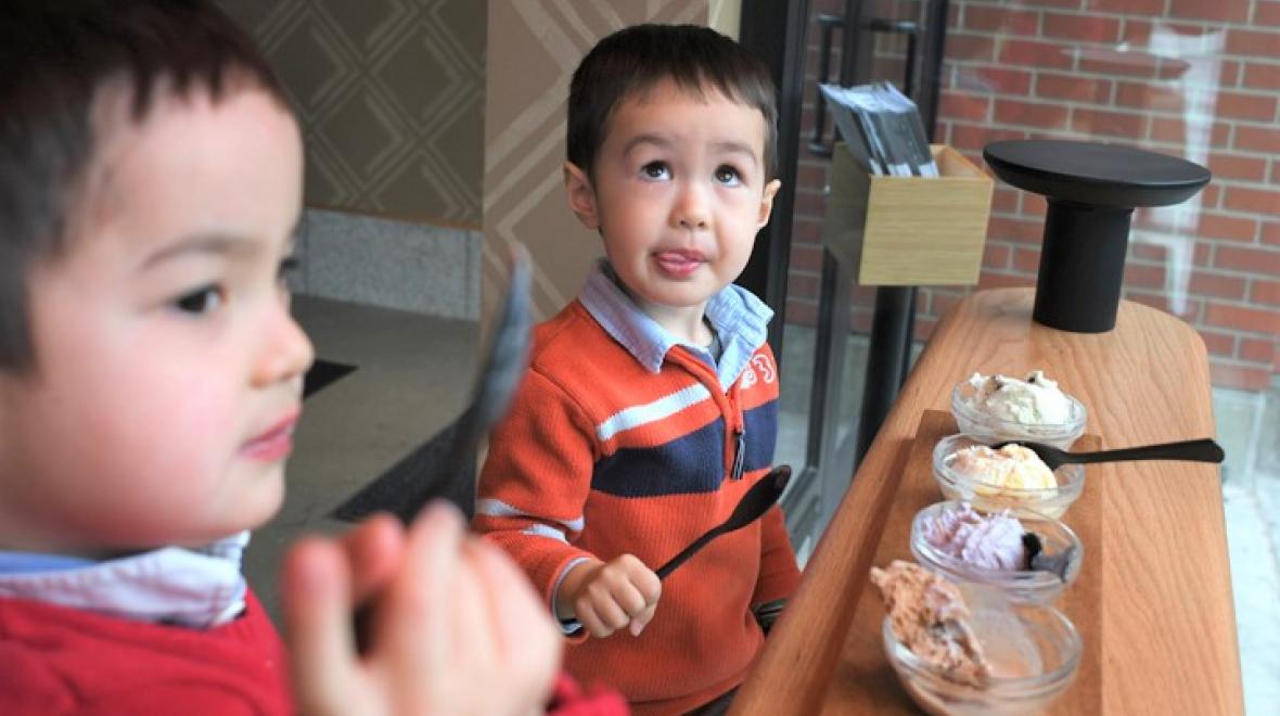two boys enjoy the best ice cream in seattle at Salt & Straw