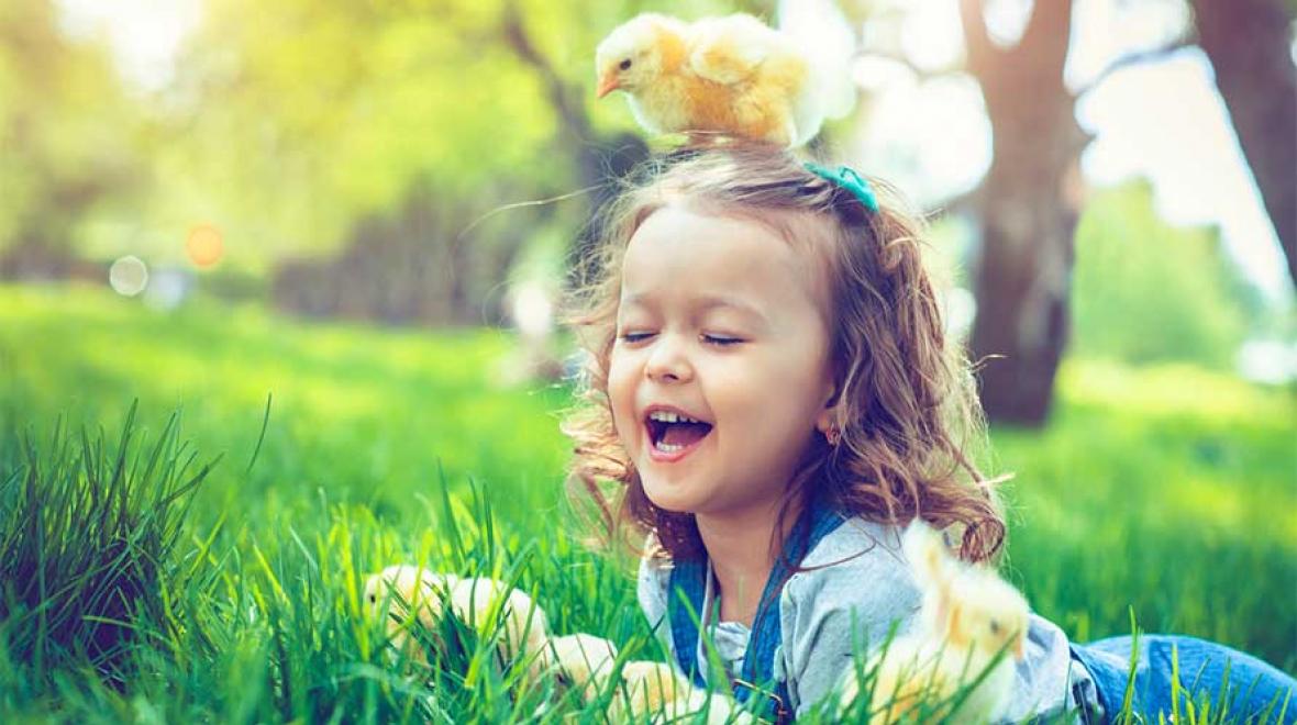 kid with chicks on her head