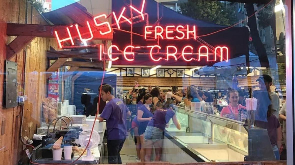 Seattle's Husky Deli ice cream counter seen through the window of the shop