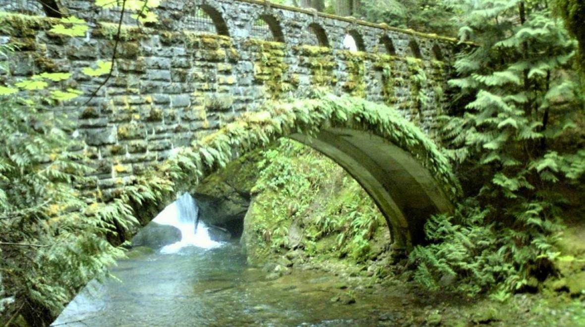 Old stone bridge over Whatcom Creek at Whatcom Falls Park