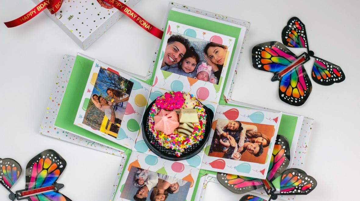 Explosion cake surprise from Send a cake - stay connected to loved ones far away