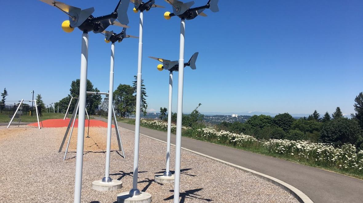 Airplane sculpture and zip lines at Westcrest Park with Mt. Baker in the distance. Credit: Shelley Bjornstad