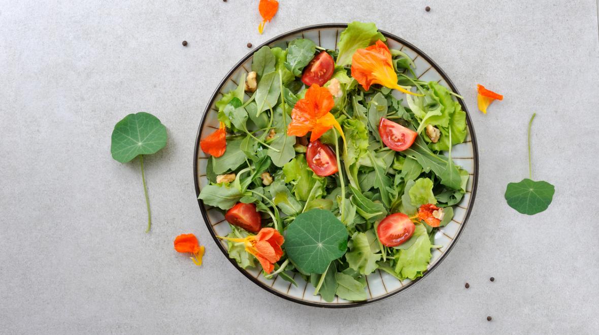 Nasturtium leaves and flowers top a colorful salad