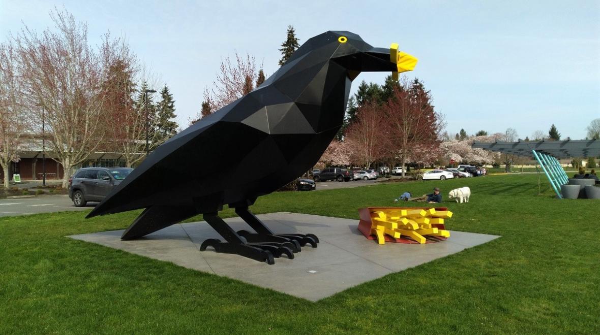 Crow With Fries sculpture in Auburn's Les Gove Park near Seattle, Washington best instagram sights for teens and tweens