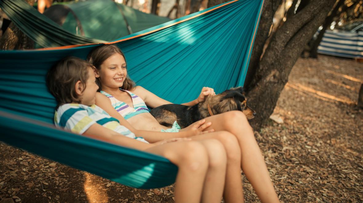 two kids and a dog in a hammock