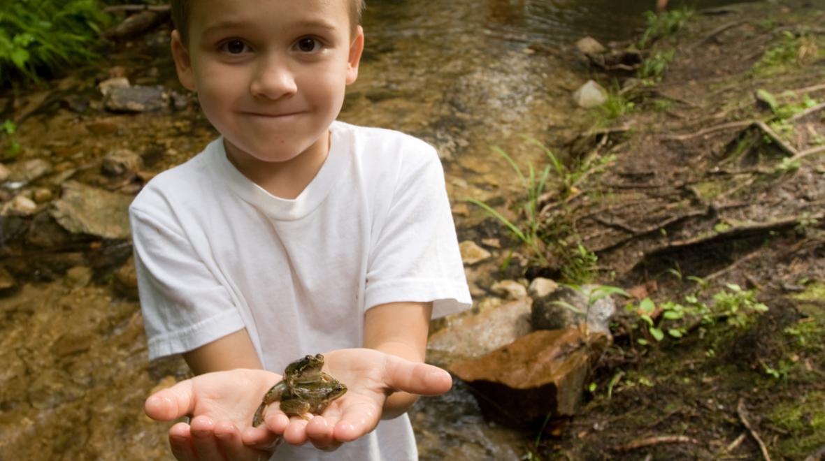 boy holding a frog with a creek and other kids in the background