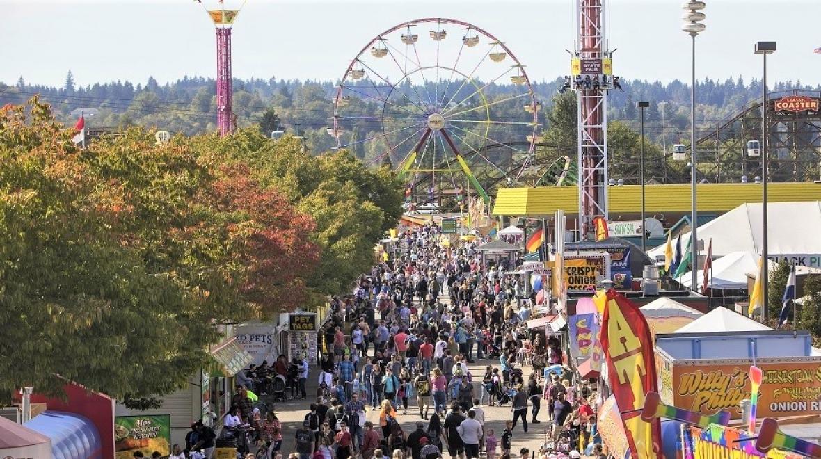 Wide view of the grounds and rides of the Washington State Fair in Puyallup, Washington, guide for families with kids