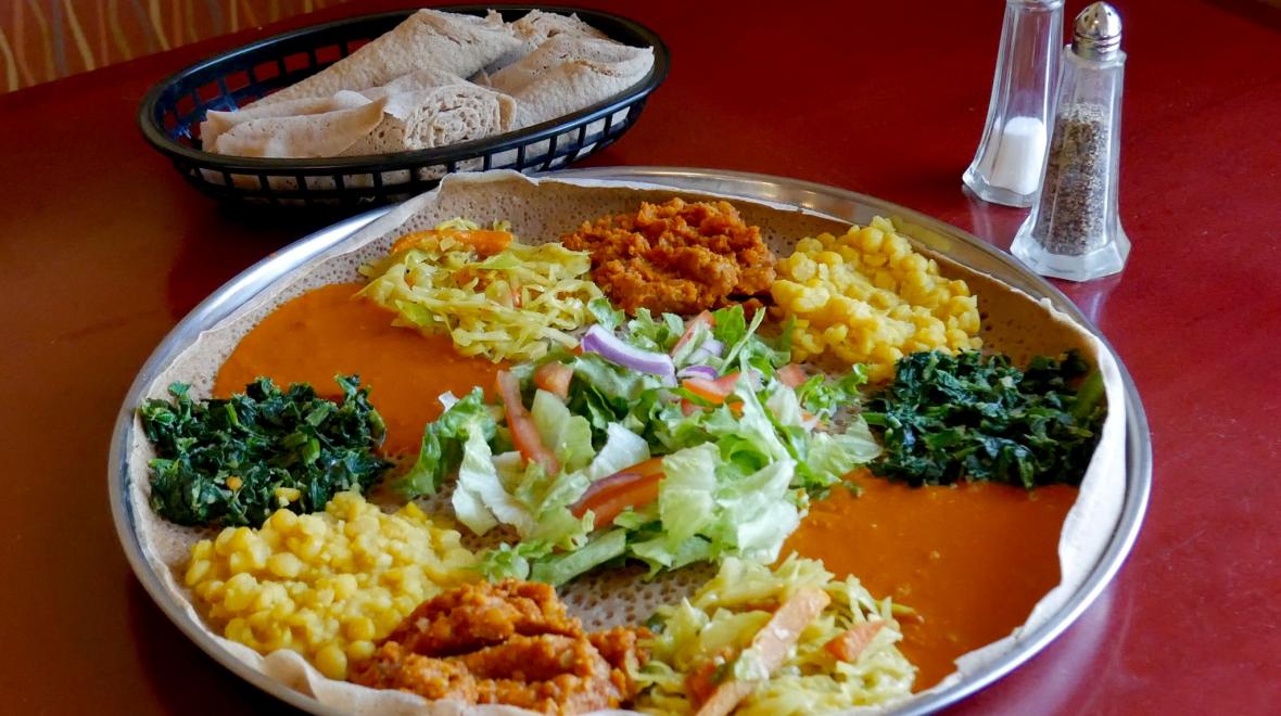 Vegetarian combo platter of Ethiopian and Eritrean food from Amy's Merkato in Seattle best global dining destinations for families