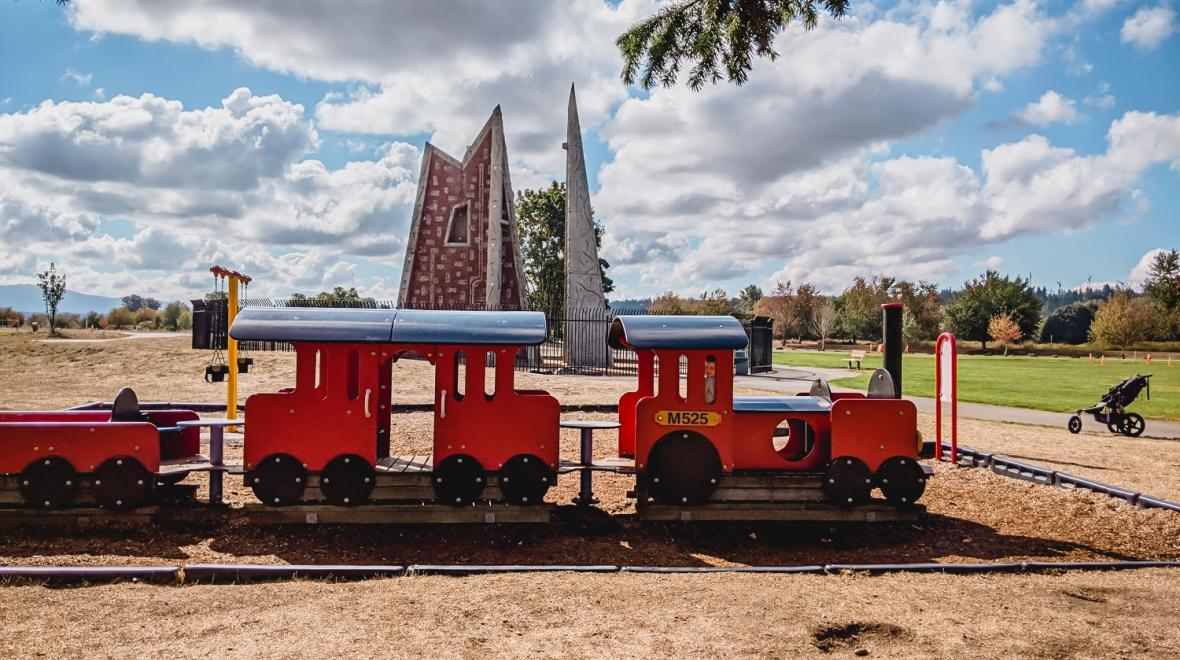 Train-themed play structure at Redmond, Washington’s Marymoor Park among