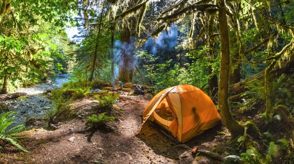 A scene in a woodsy campground shows a yellow tent with kids playing inside and in the background a woman cooking a campground meal. the campsite is by a river