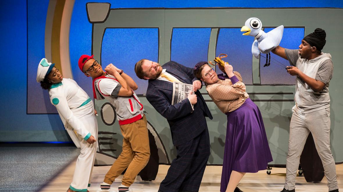 Actors performing in a scene from Seattle Children's Theatre's production of "Don't Let the Pigeon Drive the Bus! The Musical"