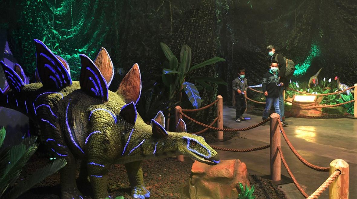 Kids wearing face masks walk past a stegosaurus model at Dinos Alive a new immersive dinosaur exhibit in Seattle's SODO neigbhorhood