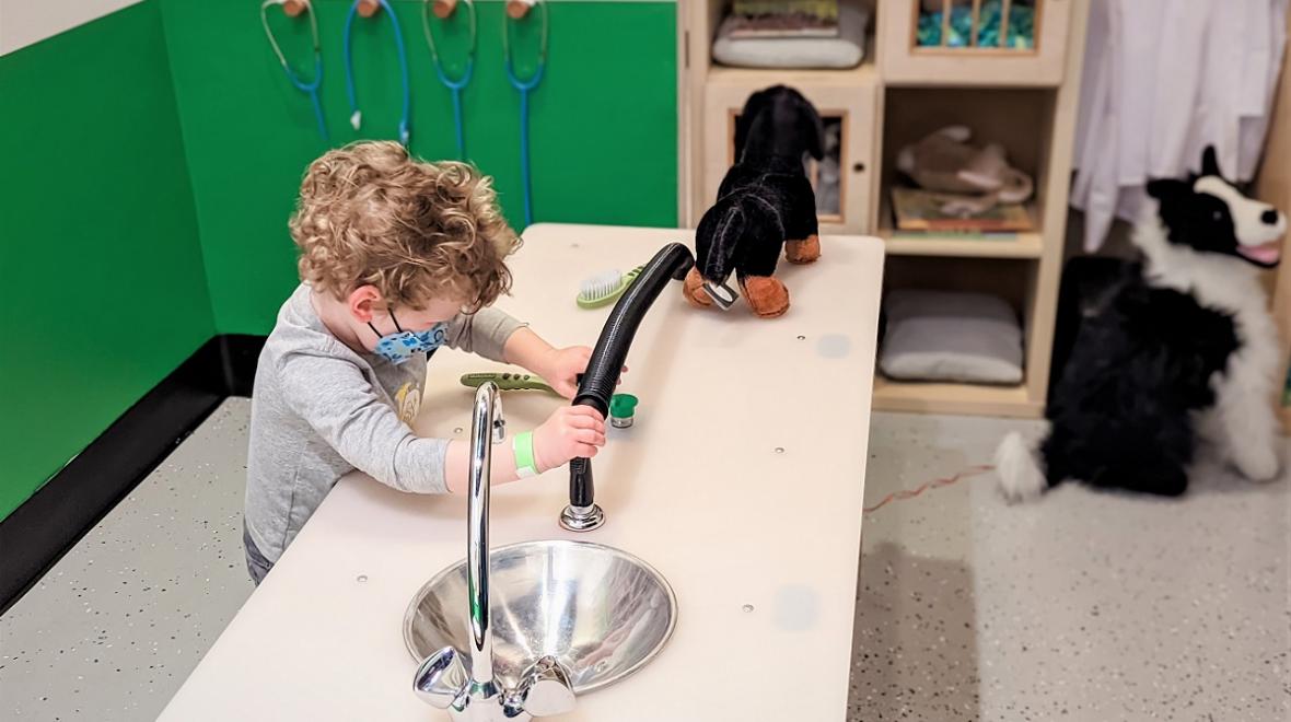 Young child plays with the features of the new Neighborhood Paws vet clinic exhibit at the reopened Seattle Children's Museum