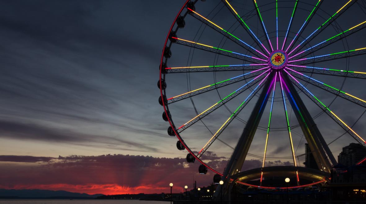 View of The Seattle Great Wheel waterfront Ferris wheel at Seattle waterfront in the evening