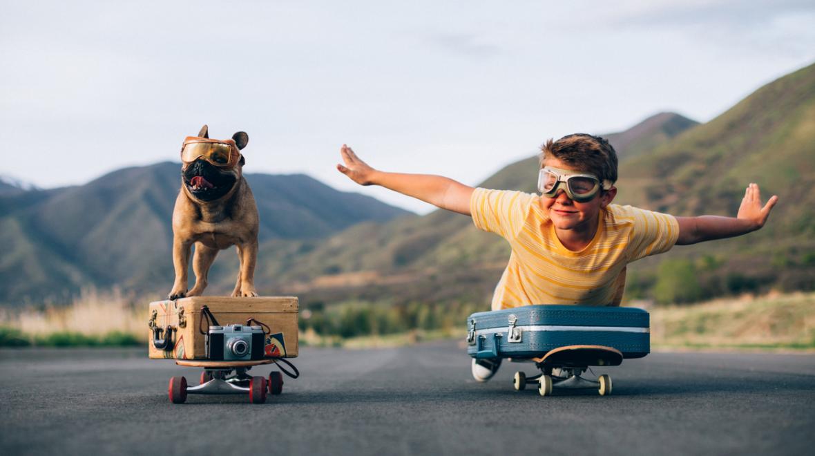 Imaginative kid and his French bulldog ride on skateboards