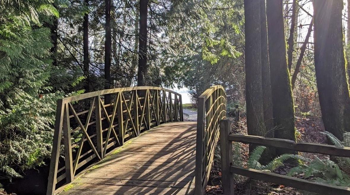 Footbridge at O.O. Denny Park among great secret urban hikes for littlest hikers near Seattle