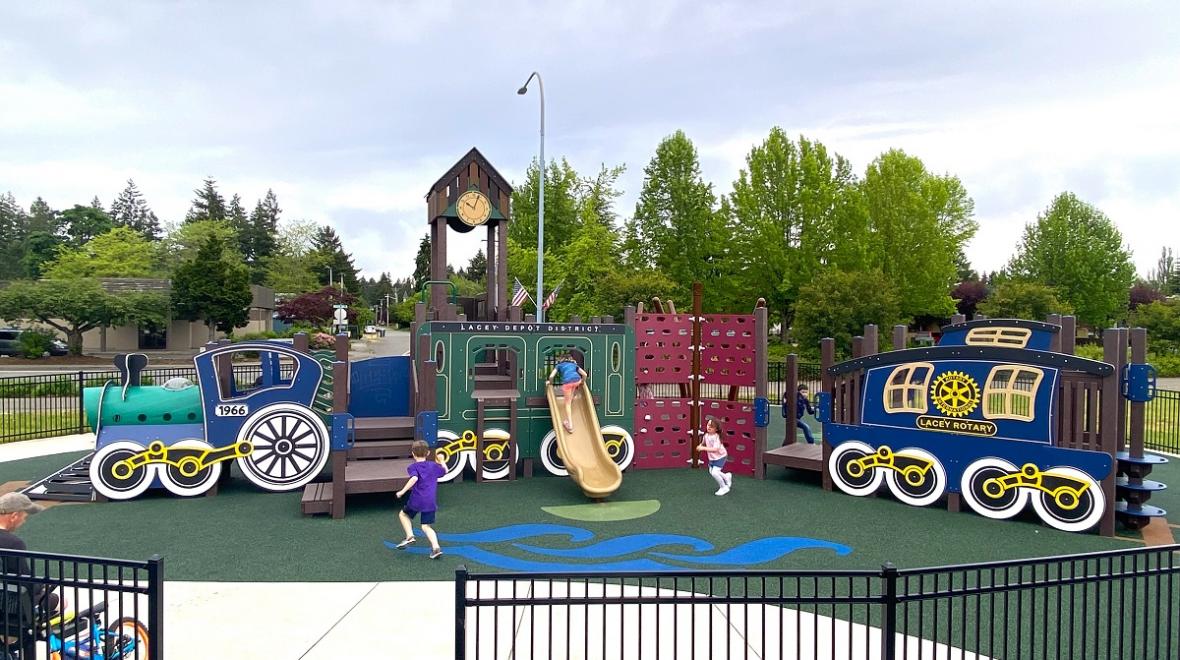 Lacey Depot Park play ground wide view train