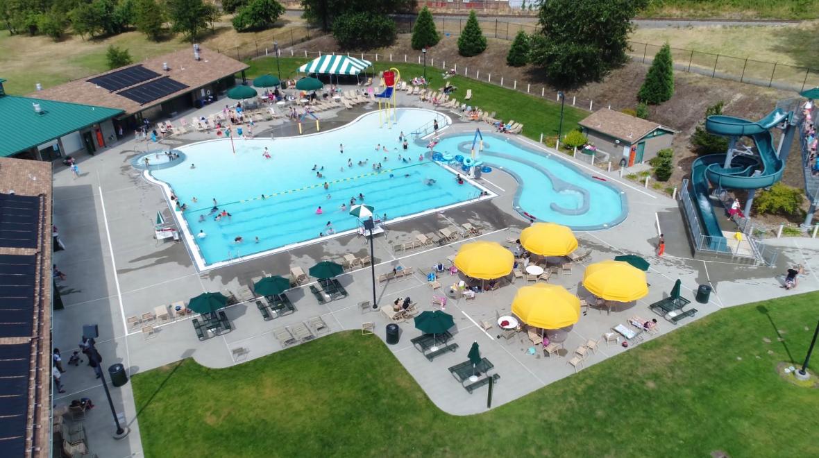Aerial view of Tacoma's Stewart Heights Pool popular outdoor summer swimming pool for Tacoma and South Sound-area families and kids