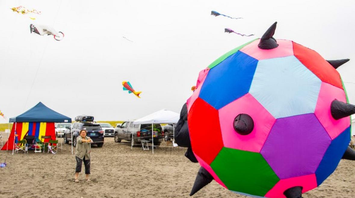 Many kites flying at the International Kite Festival in Long Beach, Washington