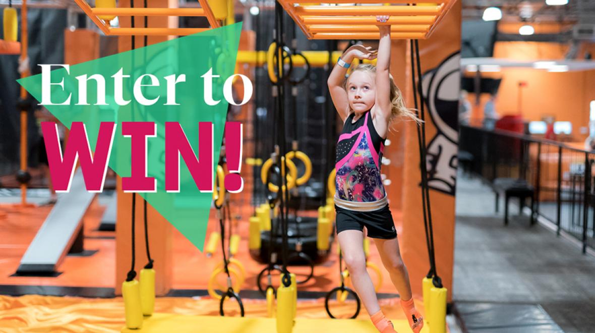 Girl at trampoline park, copy reads: Enter to Win!