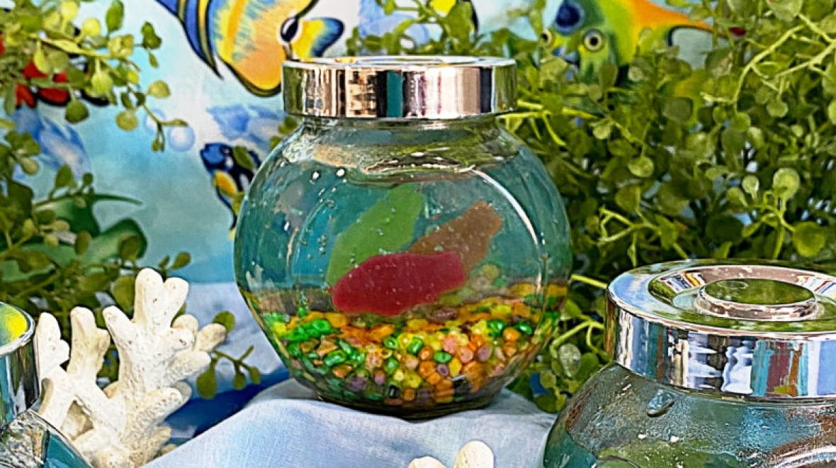 Mini fish tank made with blue Jello, Nerds and gummy fish